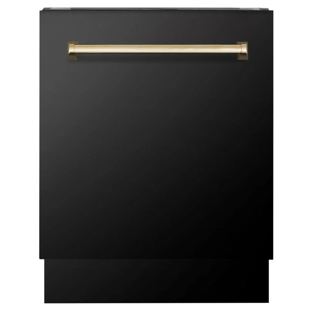 ZLINE Autograph Edition 30", 36", &amp; 48" Black Stainless Steel 4-Piece Kitchen Package with Dual Fuel Range, Range Hood, Dishwasher, and Refrigerator—Polished Gold Accents