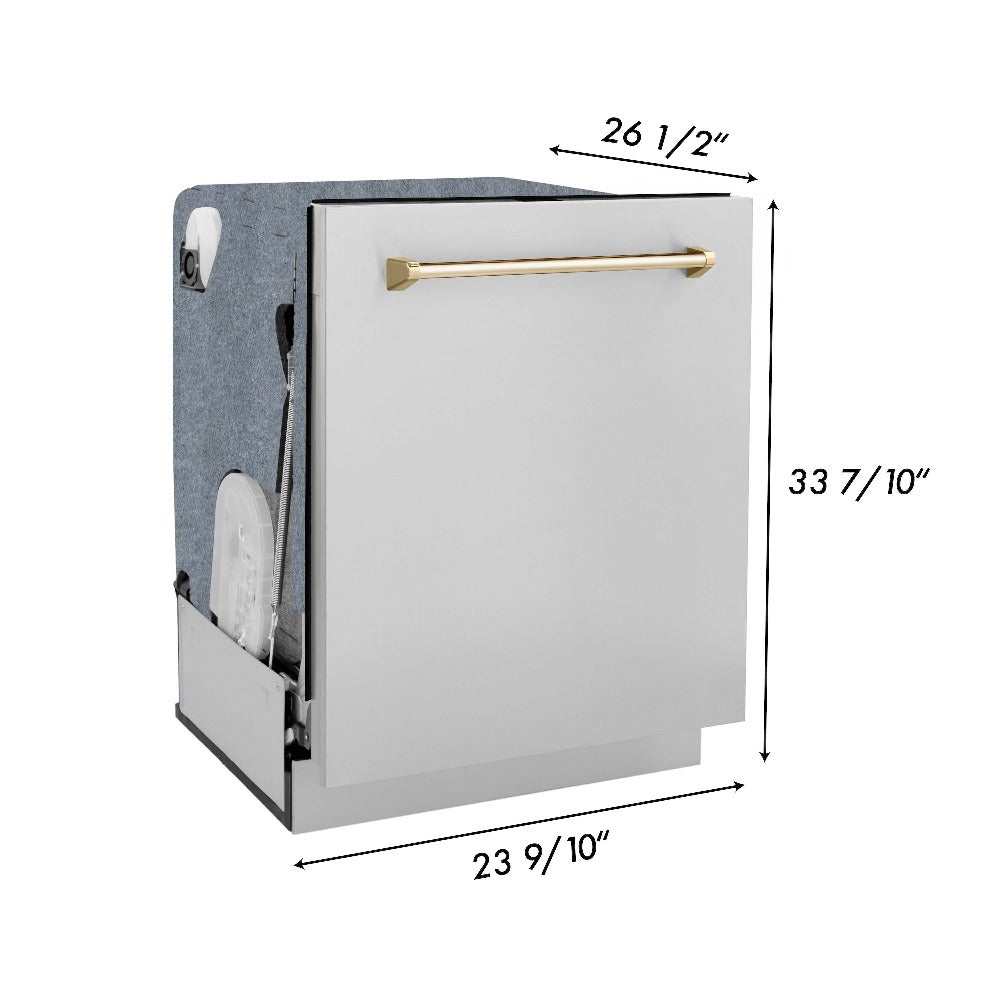 ZLINE Autograph Edition 48 in. Kitchen Package with Stainless Steel Dual Fuel Range, Range Hood, Dishwasher and Refrigerator with Polished Gold Accents (4KAPR-RARHDWM48-G)