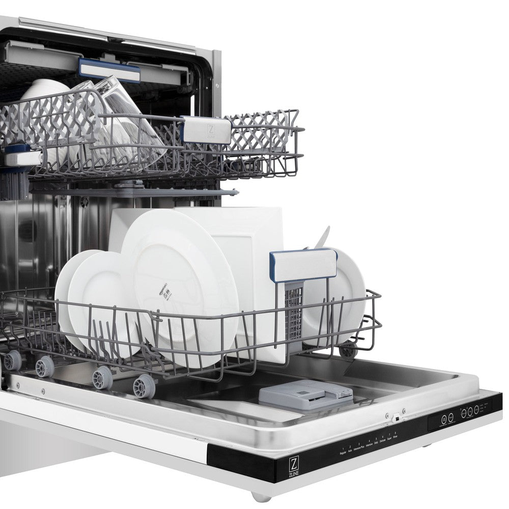 ZLINE Kitchen Package with Refrigerator, 48 in. Stainless Steel Dual Fuel Range, 48 in. Convertible Vent Range Hood, 24 in. Microwave Drawer, and 24 in. Tall Tub Dishwasher (5KPR-RARH48-MWDWV)
