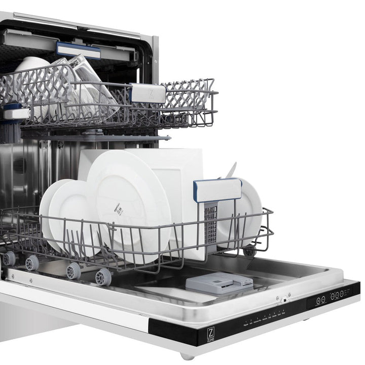 ZLINE Kitchen Package with Refrigerator, 48 in. Stainless Steel Dual Fuel Range, 48 in. Convertible Vent Range Hood, 24 in. Microwave Drawer, and 24 in. Tall Tub Dishwasher (5KPR-RARH48-MWDWV)