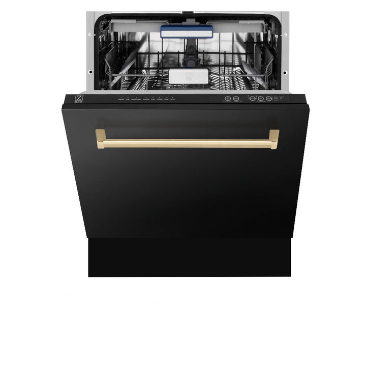 ZLINE Autograph Edition 36 in. Kitchen Package with Black Stainless Steel Dual Fuel Range, Range Hood, Dishwasher and Refrigerator Including Internal Water Dispenser with Champagne Bronze Accents (4AKPR-RABRHDWV36-CB)