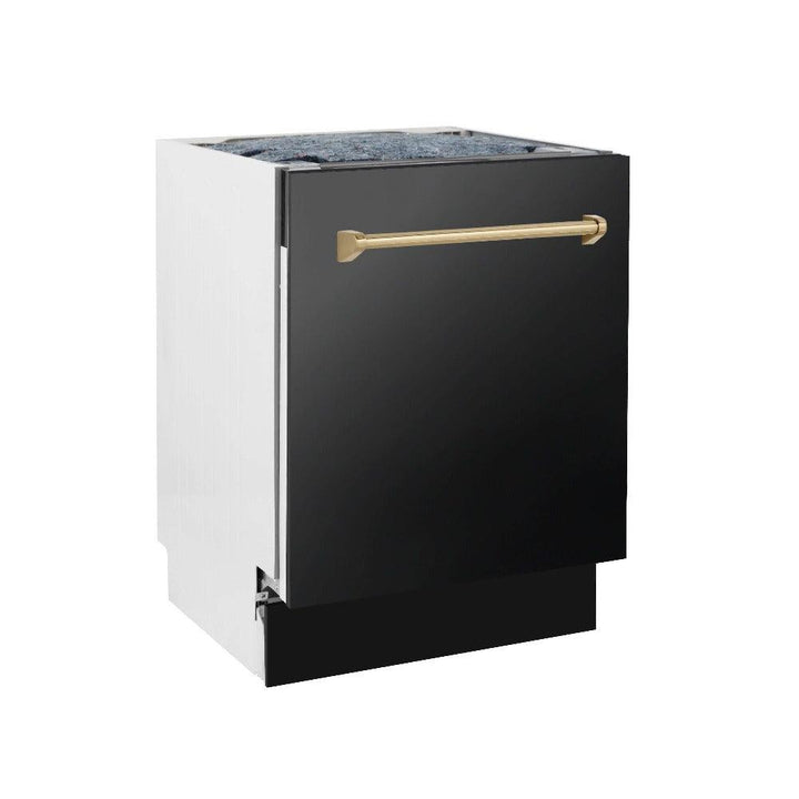 ZLINE Autograph Edition 30 in. Kitchen Package with Black Stainless Steel Dual Fuel Range, Range Hood and Dishwasher with Champagne Bronze Accents (3AKP-RABRHDWV30-CB)