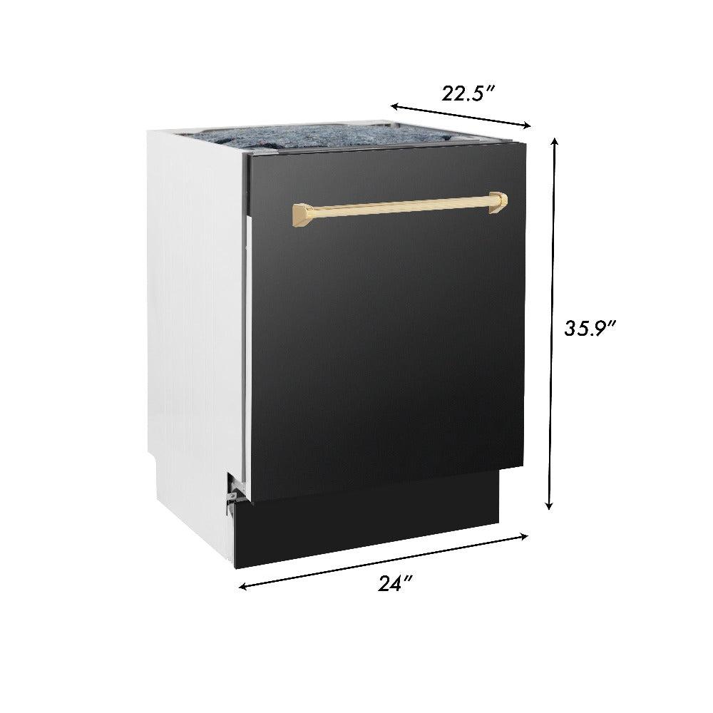 ZLINE Autograph Edition 36 in. Kitchen Package with Black Stainless Steel Dual Fuel Range, Range Hood, Dishwasher and Refrigerator with Polished Gold Accents (4AKPR-RABRHDWV36-G)