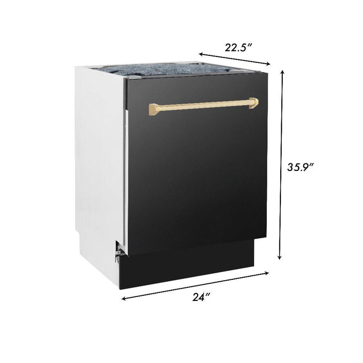 ZLINE Autograph Edition 36 in. Kitchen Package with Black Stainless Steel Dual Fuel Range, Range Hood, Dishwasher and Refrigerator with Polished Gold Accents (4AKPR-RABRHDWV36-G)