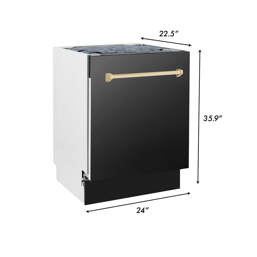 ZLINE Autograph Edition 48 in. Kitchen Package with Black Stainless Steel Dual Fuel Range, Range Hood, Dishwasher and Refrigerator Including External Water Dispenser with Polished Gold Accents (4AKPR-RABRHDWV48-G)