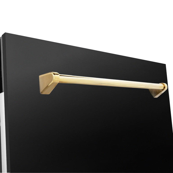 ZLINE Autograph Edition 36 in. Kitchen Package with Black Stainless Steel Dual Fuel Range, Range Hood, Dishwasher and Refrigerator with Polished Gold Accents (4AKPR-RABRHDWV36-G)