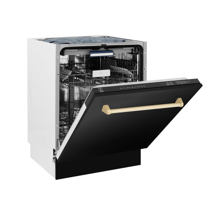 ZLINE Autograph Edition 36 in. Kitchen Package with Black Stainless Steel Dual Fuel Range, Range Hood, Dishwasher and Refrigerator with Polished Gold Accents (4AKPR-RABRHDWV36-G)