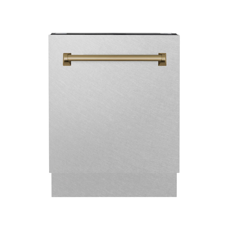 ZLINE Autograph Edition 24 in. Tallac Series 3rd Rack Top Control Built-In Tall Tub Dishwasher with Satin Stainless Steel Panel and Champagne Bronze Handle, 51dBa (DWVZ-SN-24-CB)