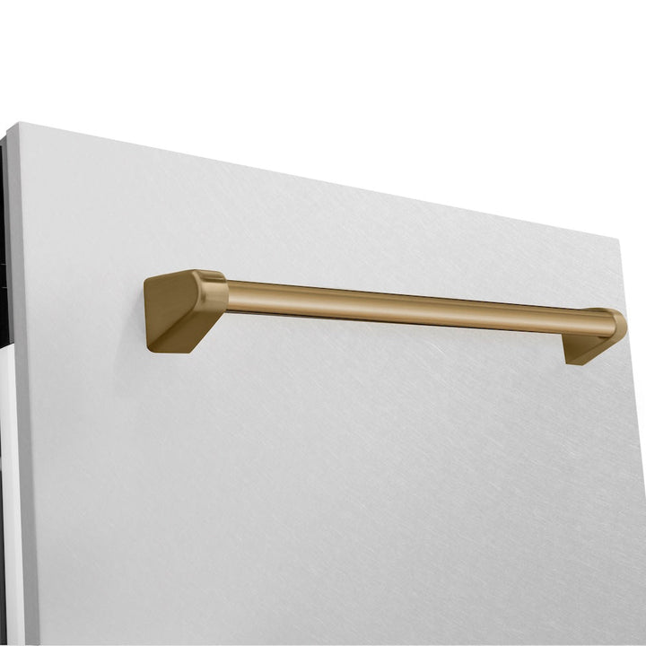 ZLINE Autograph Edition 24 in. Tallac Series 3rd Rack Top Control Built-In Tall Tub Dishwasher with Satin Stainless Steel Panel and Champagne Bronze Handle, 51dBa (DWVZ-SN-24-CB)