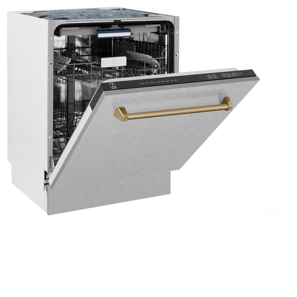 ZLINE Autograph Edition 24 in. Tallac Series 3rd Rack Top Control Built-In Tall Tub Dishwasher with Satin Stainless Steel Panel and Champagne Bronze Handle, 51dBa (DWVZ-SN-24-CB)