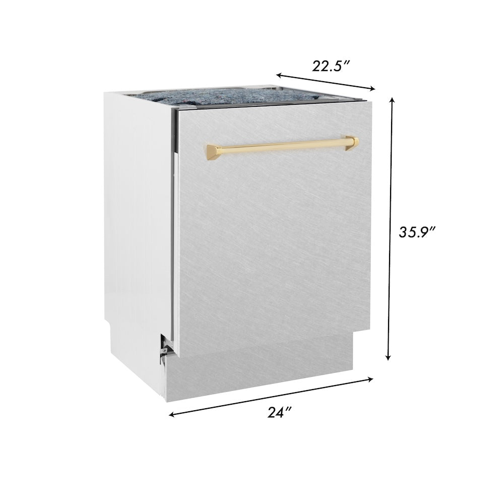 ZLINE Autograph Edition 24 in. Tallac Series 3rd Rack Top Control Built-In Tall Tub Dishwasher with Satin Stainless Steel Panel and Polished Gold Handle, 51dBa (DWVZ-SN-24-G)