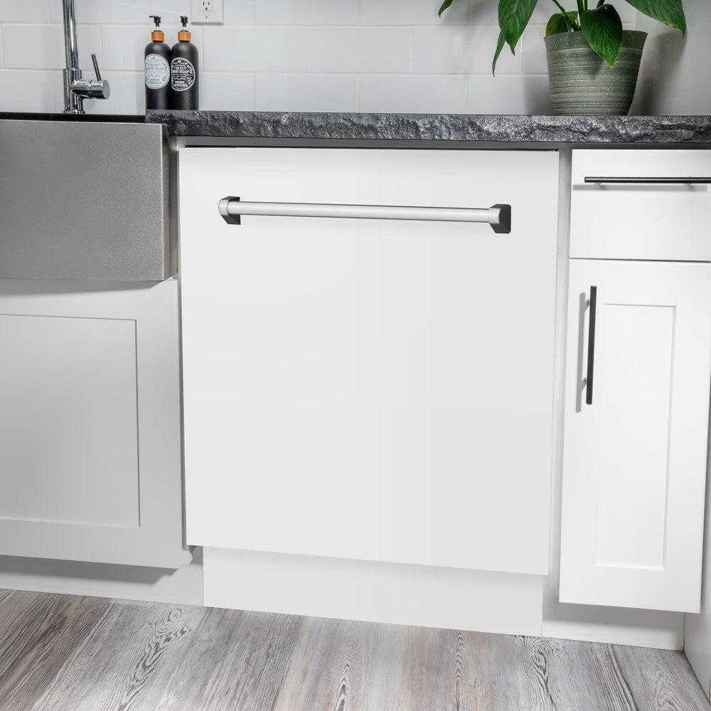 ZLINE 24 in. Tallac Series 3rd Rack Dishwasher with White Matte Panel and Traditional Handle, 51dBa (DWV-WM-24)