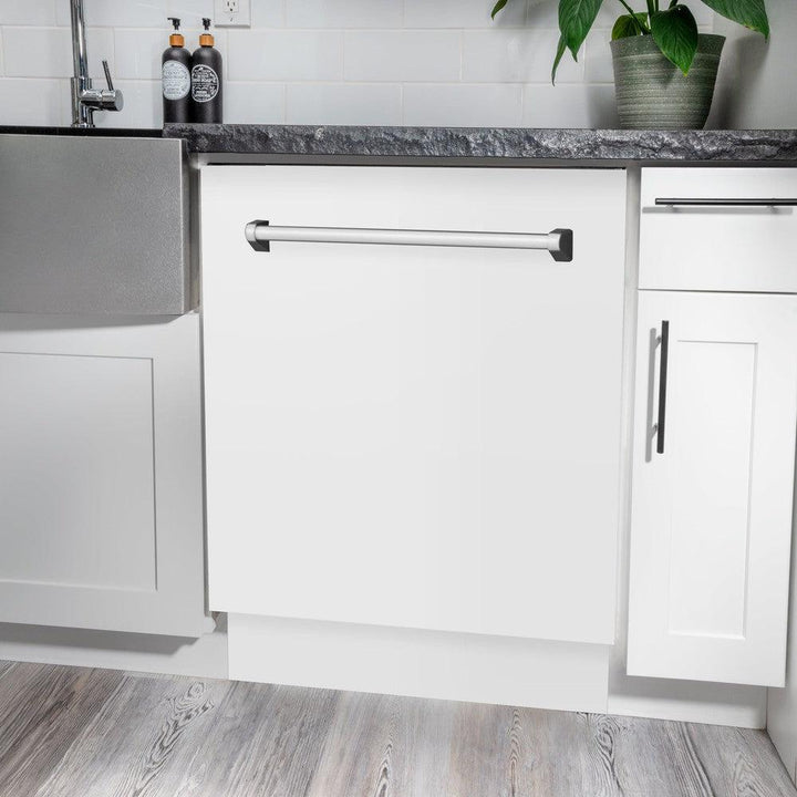 ZLINE 24 in. Tallac Series 3rd Rack Dishwasher with White Matte Panel and Traditional Handle, 51dBa (DWV-WM-24)