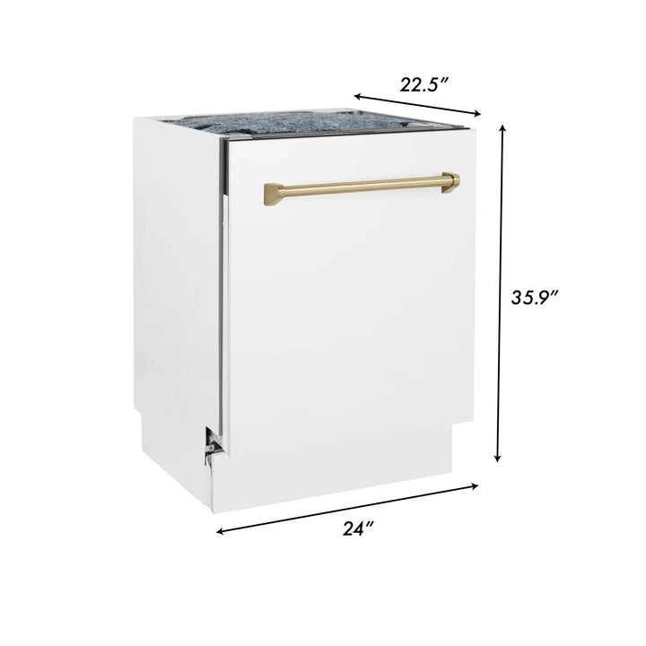 ZLINE Autograph Series 24 inch Tall Dishwasher in White Matte with Champagne Bronze Handle, DWVZ-WM-24-CB