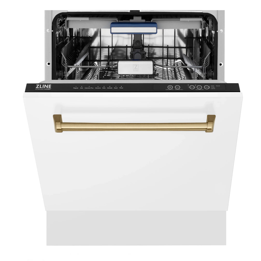 ZLINE Autograph Series 24 inch Tall Dishwasher in White Matte with Champagne Bronze Handle, DWVZ-WM-24-CB