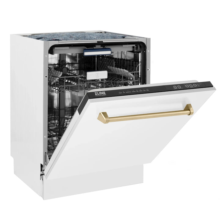 ZLINE Autograph Series 24 inch Tall Dishwasher in White Matte with Champagne Bronze Handle, DWVZ-WM-24-CB