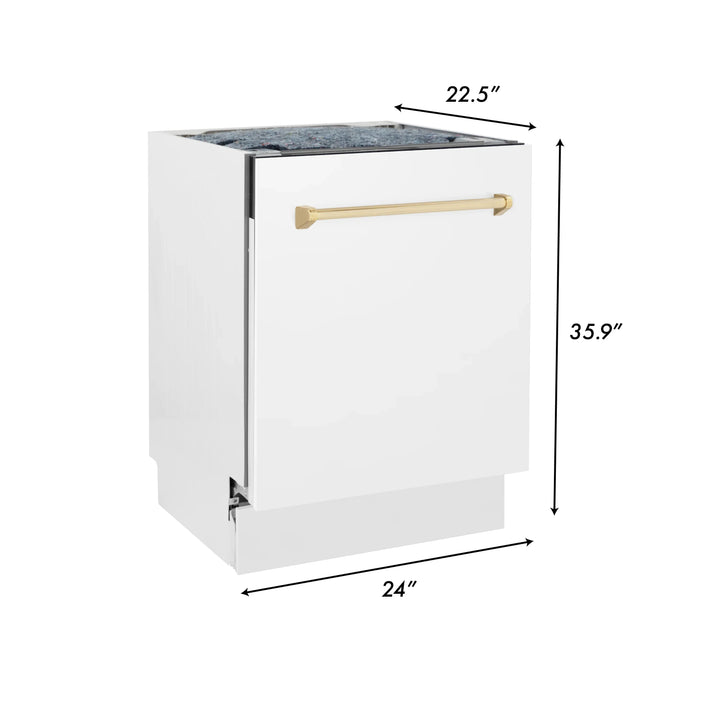 ZLINE Autograph Series 24 inch Tall Dishwasher in White Matte with Gold Handle, DWVZ-WM-24-G