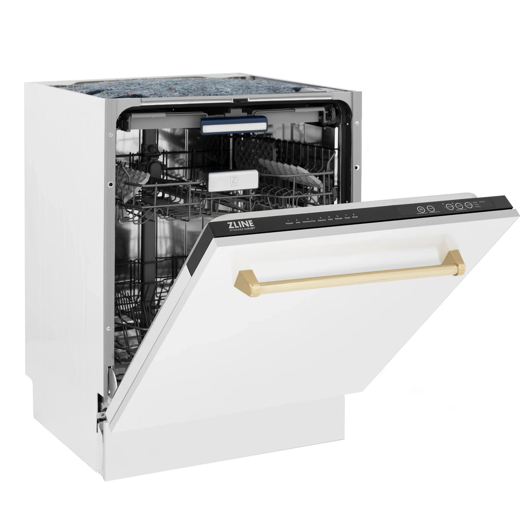 ZLINE Autograph Series 24 inch Tall Dishwasher in White Matte with Gold Handle, DWVZ-WM-24-G