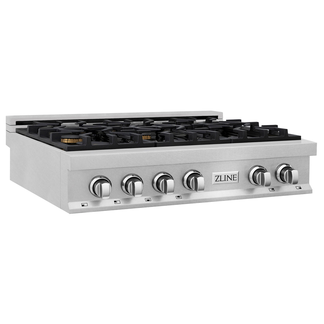 ZLINE 36 in. Rangetop in DuraSnow® Stainless Steel with 6 Gas Brass Burners, RTS-BR-36