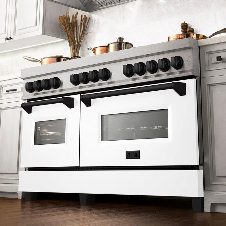 ZLINE Autograph Edition 60 in. 7.4 cu. ft. Legacy Dual Fuel Range with 9 Burner Gas Cooktop and 2 Electric Convection Ovens in Stainless Steel with White Matte Doors and Matte Black Accents (RAZ-WM-60-MB)