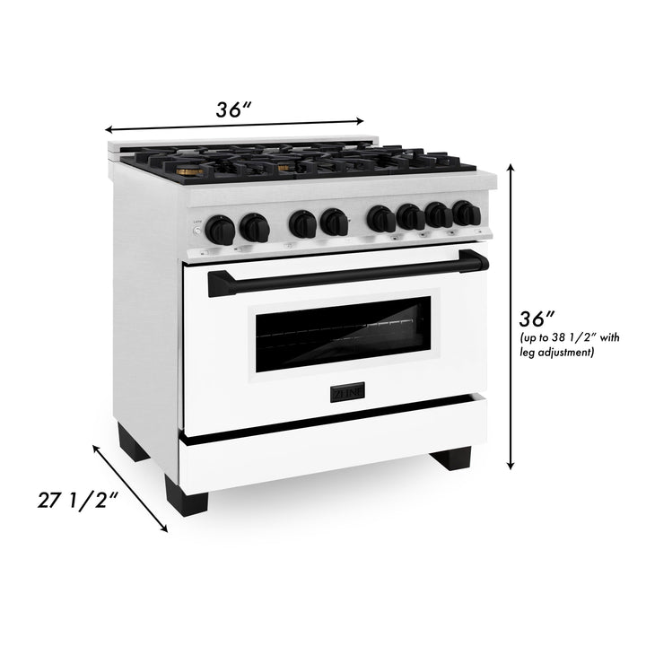 ZLINE Autograph Edition 36 in. 4.6 cu. ft. Range, Gas Stove/Electric Oven in DuraSnow® with White Matte Door, Matte Black Accents, RASZ-WM-36-MB