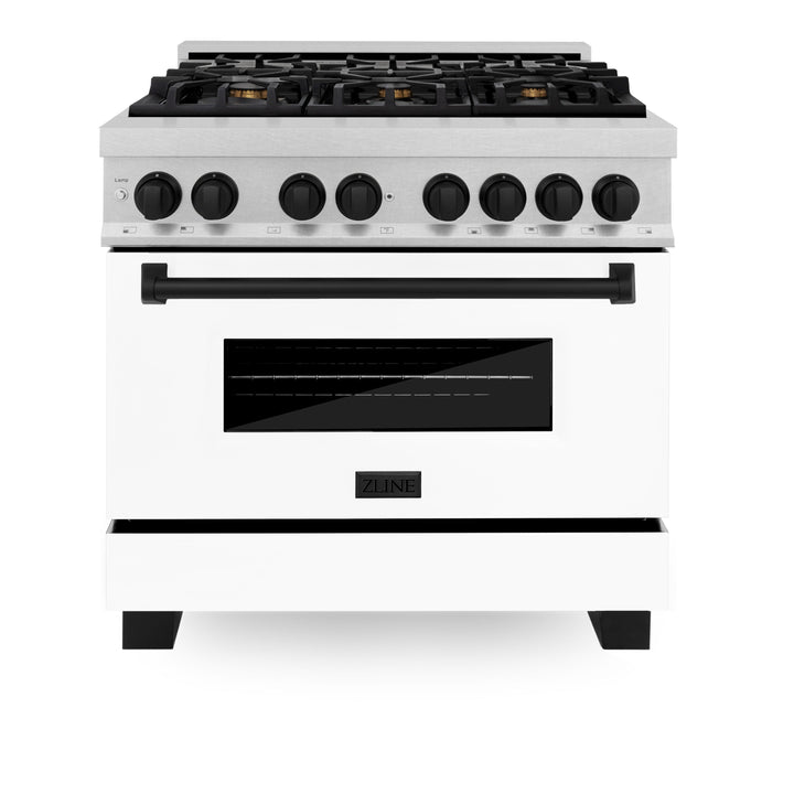 ZLINE Autograph Edition 36 in. 4.6 cu. ft. Range, Gas Stove/Electric Oven in DuraSnow® with White Matte Door, Matte Black Accents, RASZ-WM-36-MB