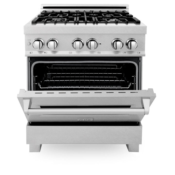 ZLINE 30 in. Kitchen Package with Satin Stainless Dual Fuel Range, Ducted Vent Range Hood and Dishwasher (3KP-RASRH30-DW)
