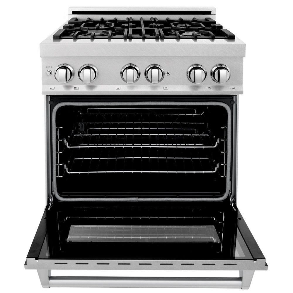 ZLINE 30 in. Kitchen Package with Satin Stainless Dual Fuel Range, Ducted Vent Range Hood and Dishwasher (3KP-RASRH30-DW)