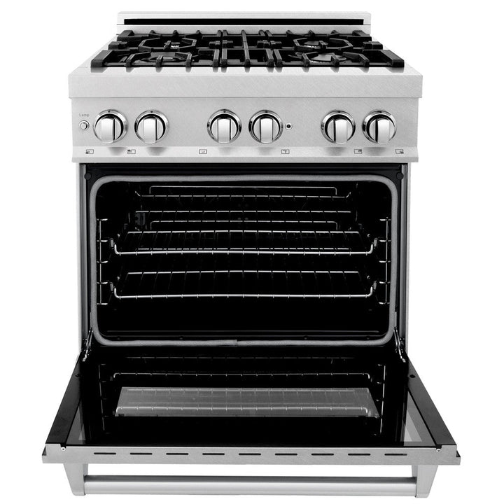 ZLINE 30 in. Kitchen Package with Satin Stainless Dual Fuel Range, Ducted Vent Range Hood and Dishwasher (3KP-RASRH30-DW)
