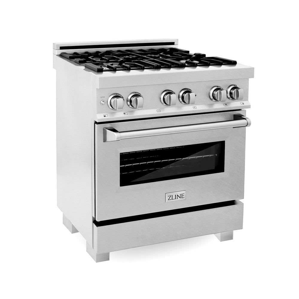 ZLINE 30 in. Kitchen Package with Satin Stainless Dual Fuel Range, Ducted Vent Range Hood and Dishwasher (3KP-RASRH30-DW)