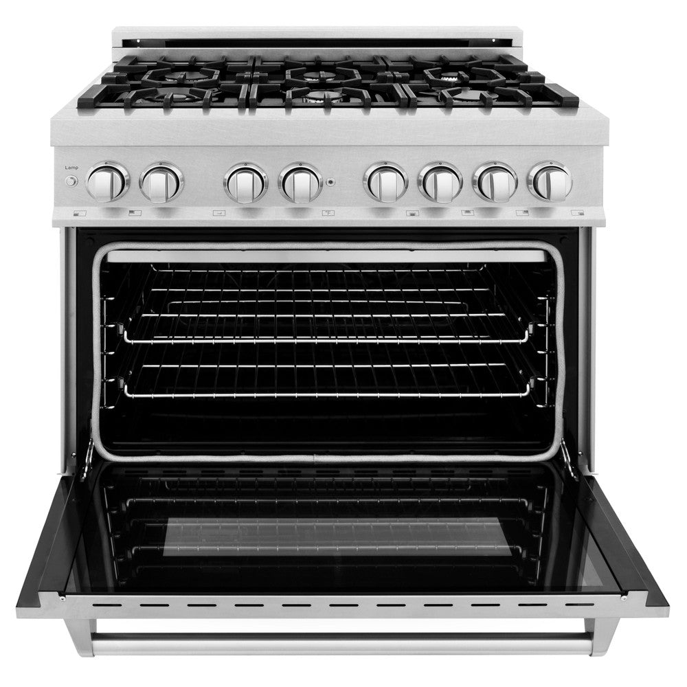 ZLINE 36 in. Kitchen Package with Satin Stainless Dual Fuel Range, Ducted Vent Range Hood and Dishwasher (3KP-RASRH36-DW)