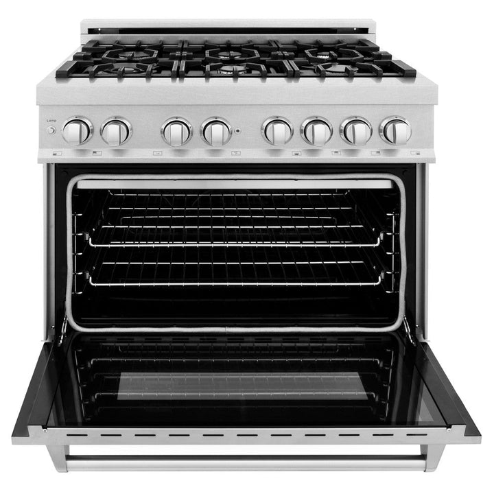ZLINE 36 in. Kitchen Package with Satin Stainless Dual Fuel Range, Ducted Vent Range Hood and Dishwasher (3KP-RASRH36-DW)