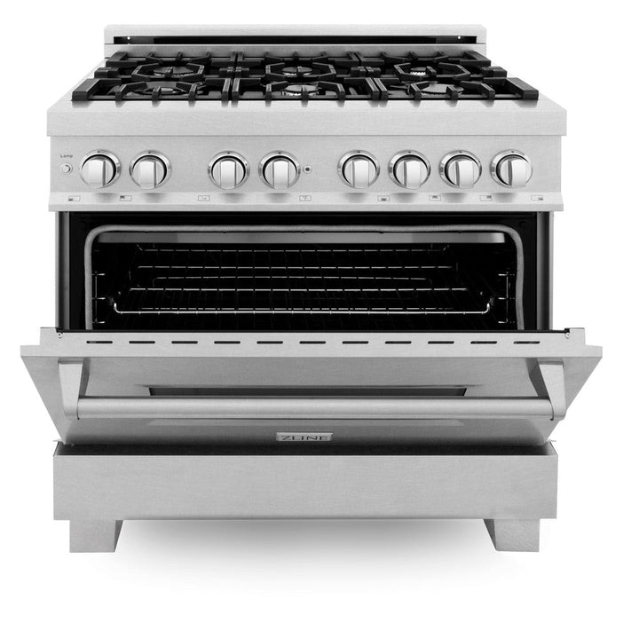 ZLINE 36 in. Kitchen Package with Satin Stainless Dual Fuel Range, Ducted Vent Range Hood and Tall Tub Dishwasher (3KP-RASRH36-DWV)