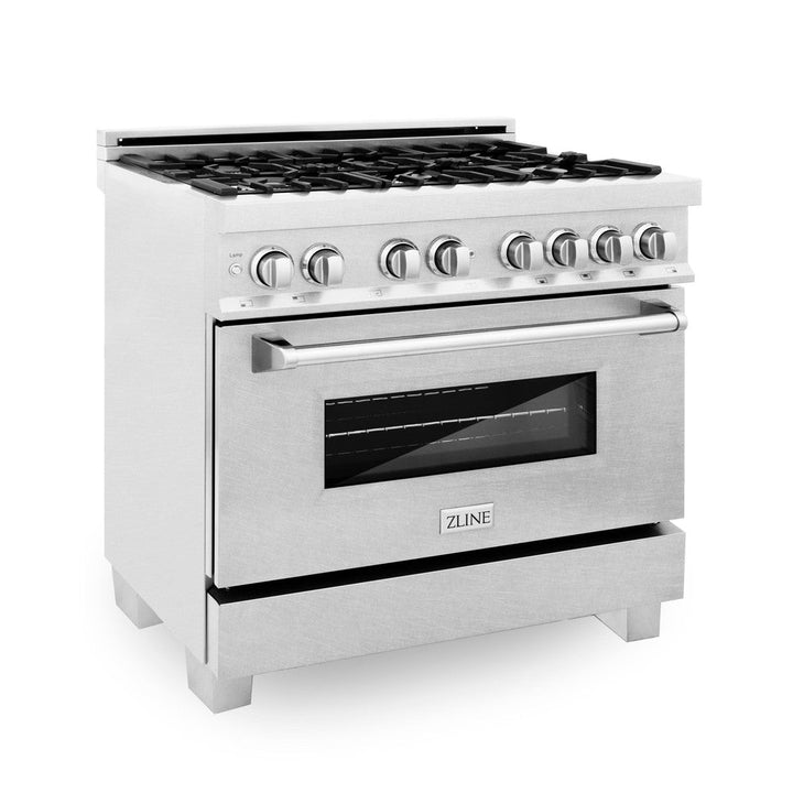 ZLINE 36 in. Kitchen Package with Satin Stainless Dual Fuel Range, Ducted Vent Range Hood and Tall Tub Dishwasher (3KP-RASRH36-DWV)