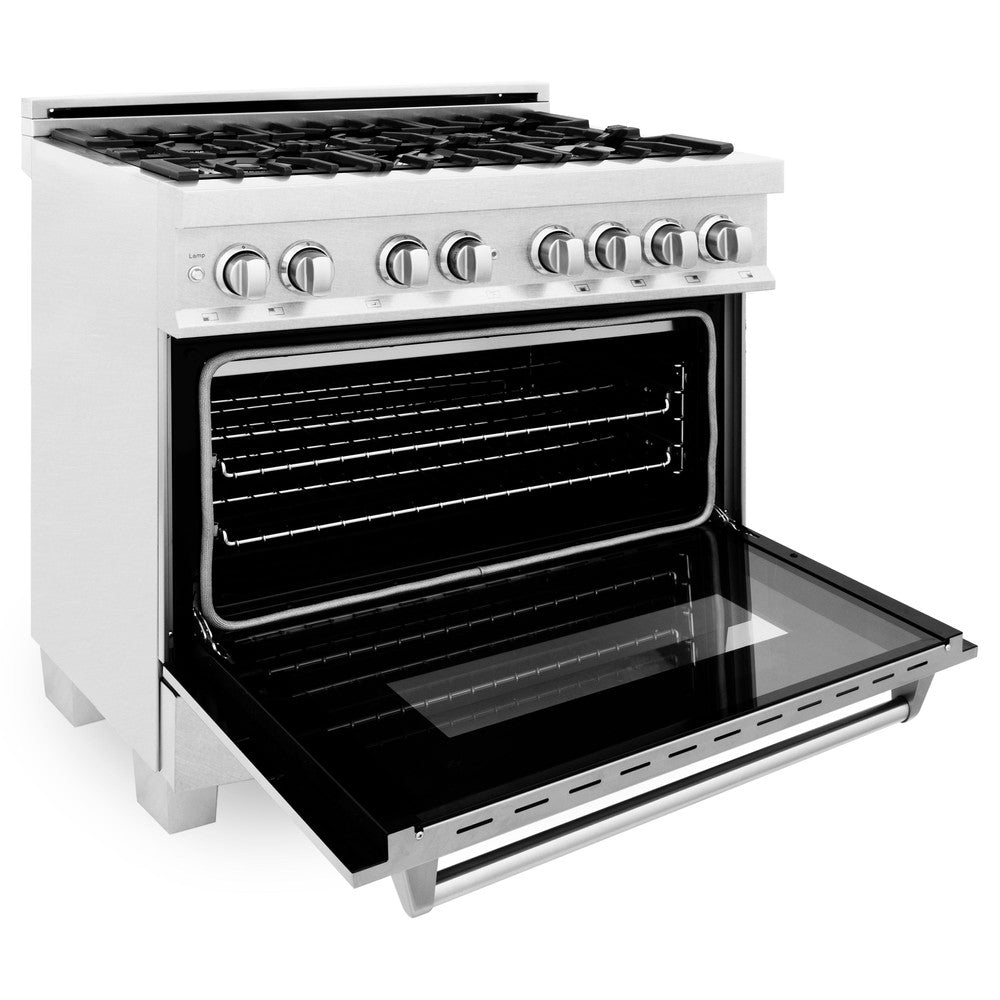 ZLINE 36 in. Kitchen Package with Satin Stainless Dual Fuel Range, Ducted Vent Range Hood and Tall Tub Dishwasher (3KP-RASRH36-DWV)