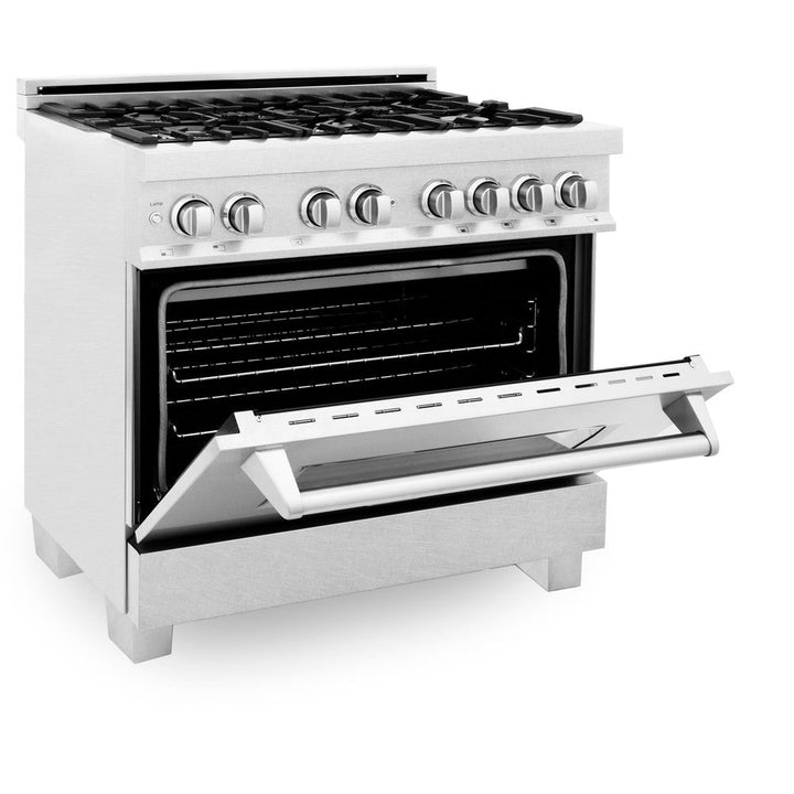 ZLINE 36 in. Kitchen Package with Satin Stainless Dual Fuel Range, Ducted Vent Range Hood and Dishwasher (3KP-RASRH36-DW)