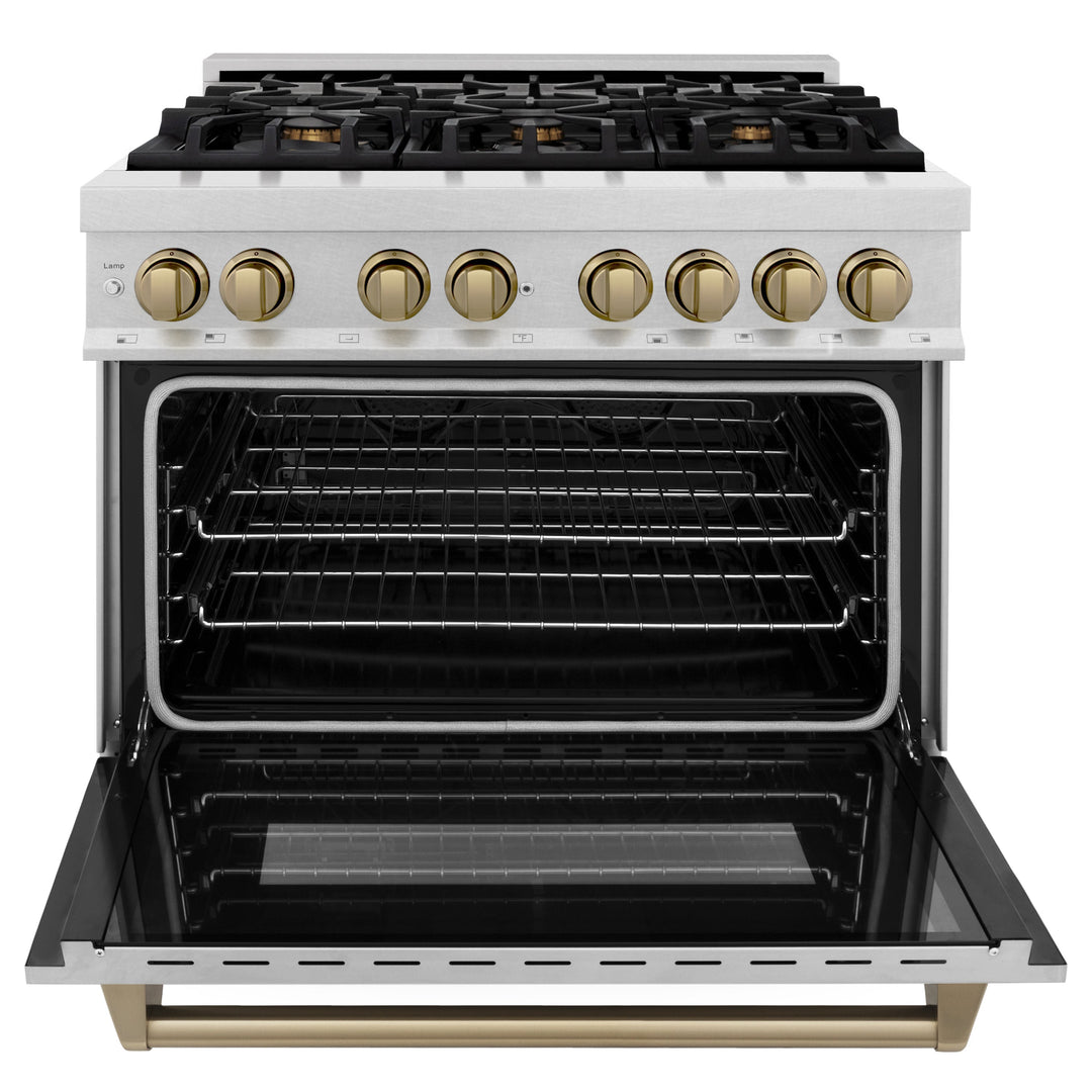 ZLINE Autograph Edition 36 in. 4.6 cu. ft. Range with Gas Stove and Electric Oven in DuraSnow® with Champagne Bronze Accents, RASZ-SN-36-CB