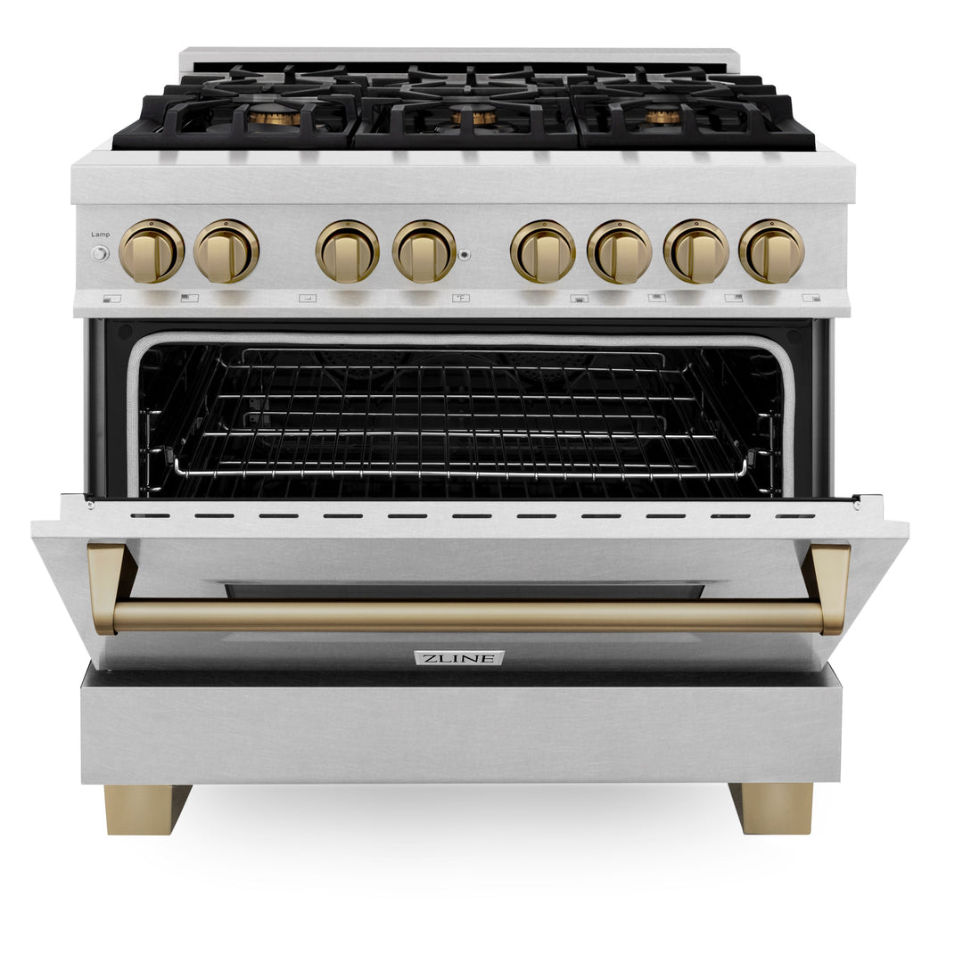 ZLINE Autograph Edition 36 in. 4.6 cu. ft. Range with Gas Stove and Electric Oven in DuraSnow® with Champagne Bronze Accents, RASZ-SN-36-CB