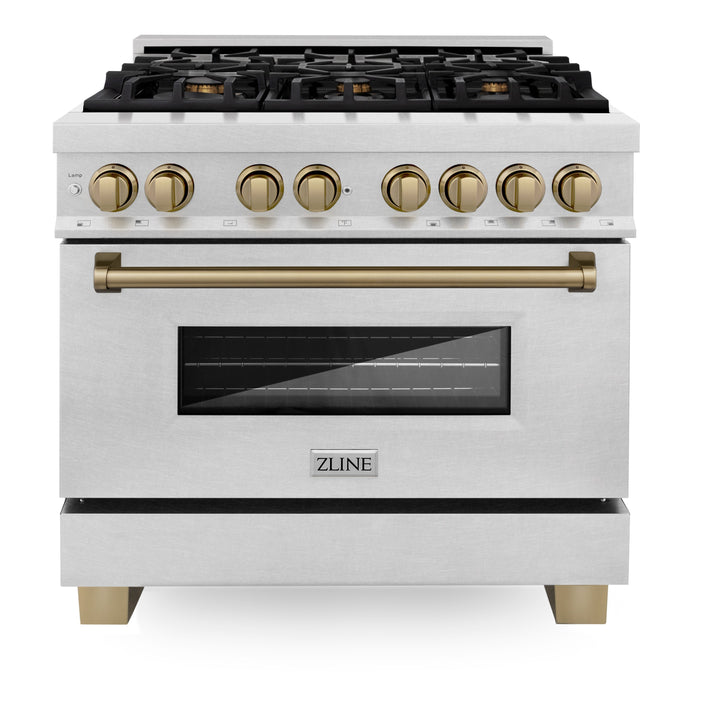 ZLINE Autograph Edition 36 in. 4.6 cu. ft. Range with Gas Stove and Electric Oven in DuraSnow® with Champagne Bronze Accents, RASZ-SN-36-CB