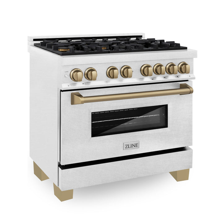 ZLINE Autograph Edition 36 in. 4.6 cu. ft. Range with Gas Stove and Electric Oven in DuraSnow® with Champagne Bronze Accents, RASZ-SN-36-CB