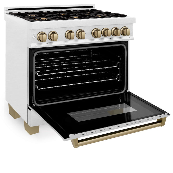 ZLINE Autograph Edition 36 in. 4.6 cu. ft. Legacy Dual Fuel Range with 6 Burner Gas Cooktop and Electric Convection Oven in Satin Stainless Steel and Champagne Bronze Accents (RASZ-SN-36-CB)