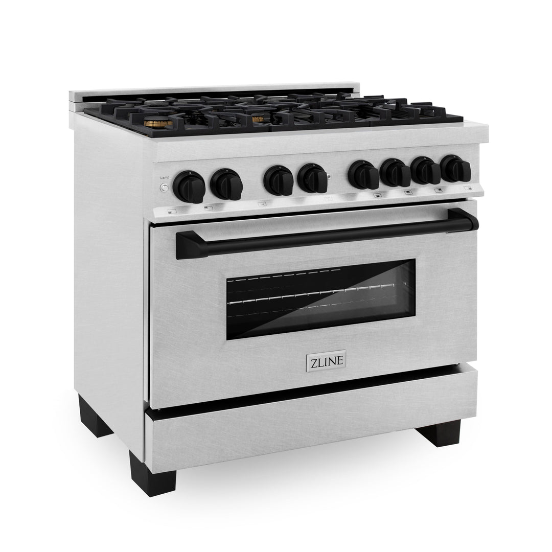 ZLINE Autograph Edition 36 in. 4.6 cu. ft. Range with Gas Stove and Electric Oven in DuraSnow® with Matte Black Accents, RASZ-SN-36-MB