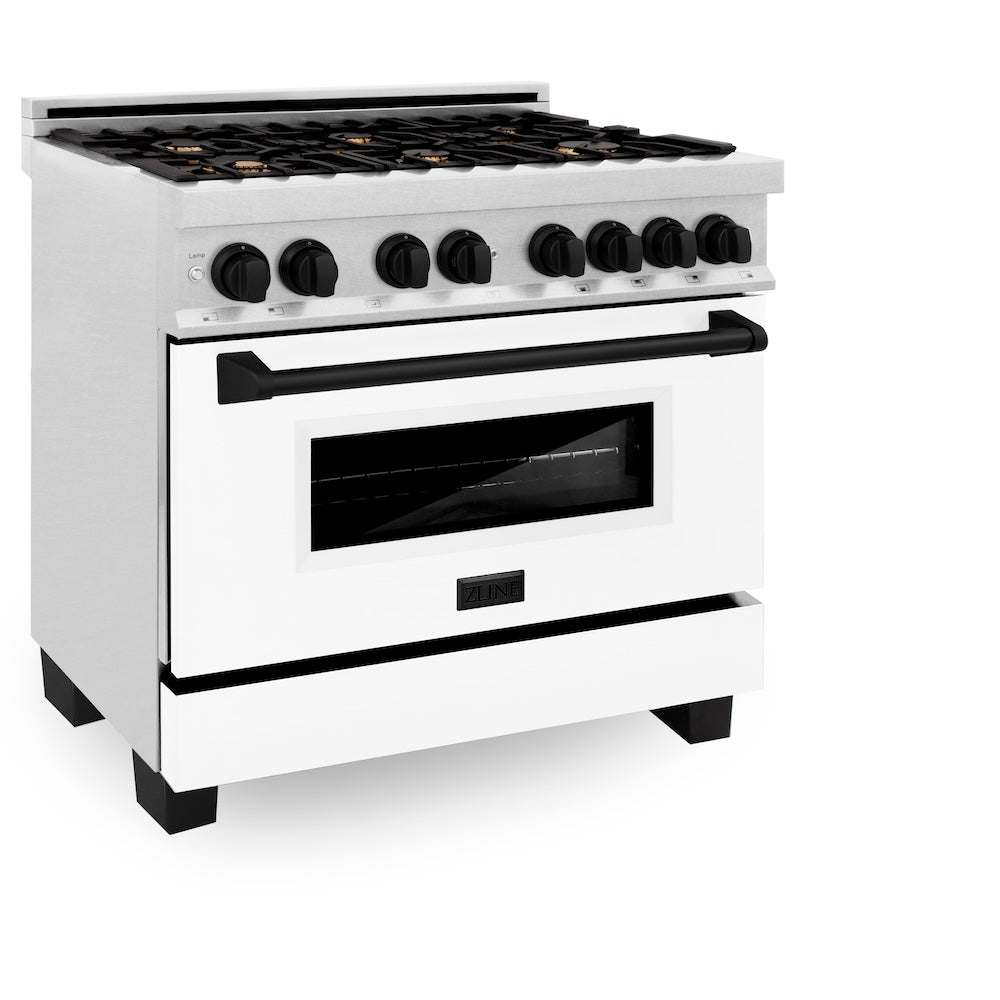 ZLINE Autograph Edition 36 in. 4.6 cu. ft. Legacy Dual Fuel Range with 6 Burner Gas Cooktop and Electric Convection Oven in Satin Stainless Steel with White Matte Door and Matte Black Accents (RASZ-WM-36-MB)