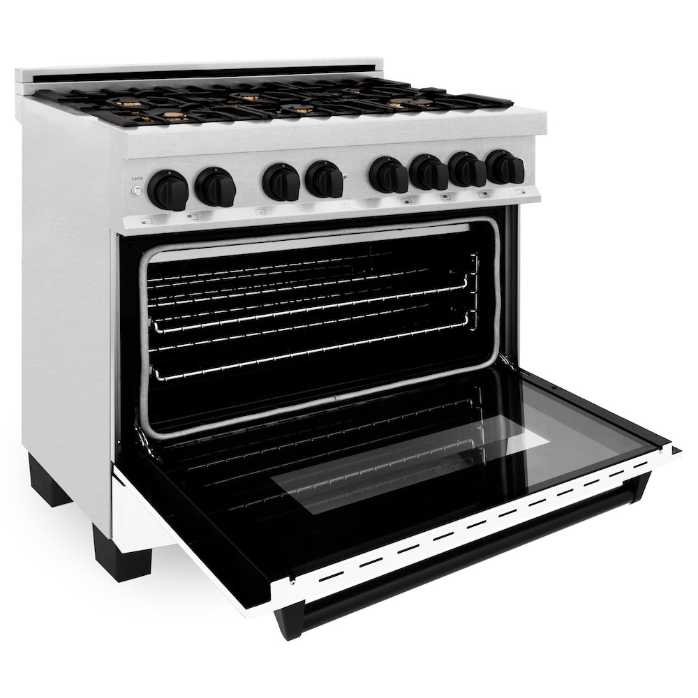 ZLINE Autograph Edition 36 in. 4.6 cu. ft. Legacy Dual Fuel Range with 6 Burner Gas Cooktop and Electric Convection Oven in Satin Stainless Steel with White Matte Door and Matte Black Accents (RASZ-WM-36-MB)