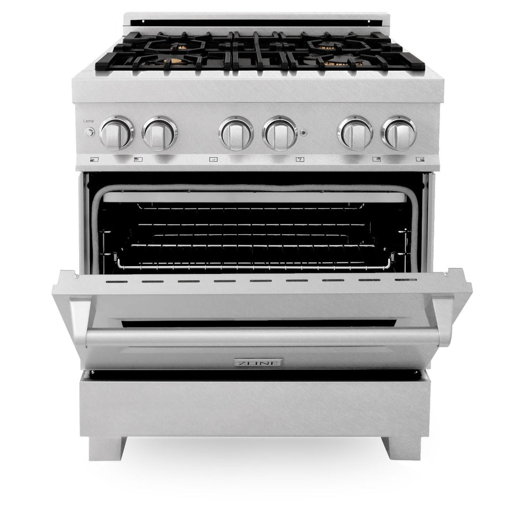 ZLINE 30 in. Professional Gas Burner/Electric Oven in DuraSnow® Stainless with Brass Burners, RAS-SN-BR-30