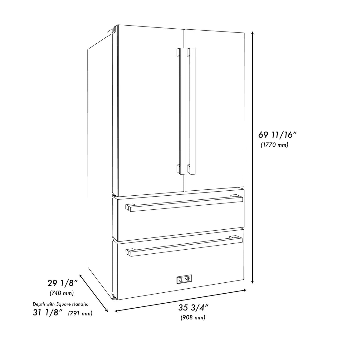 ZLINE 36" Autograph 22.5 cu. ft. Refrigerator with Ice Maker in Black Stainless Steel and Champagne Bronze Square Handles, RFMZ-36-BS-FCB