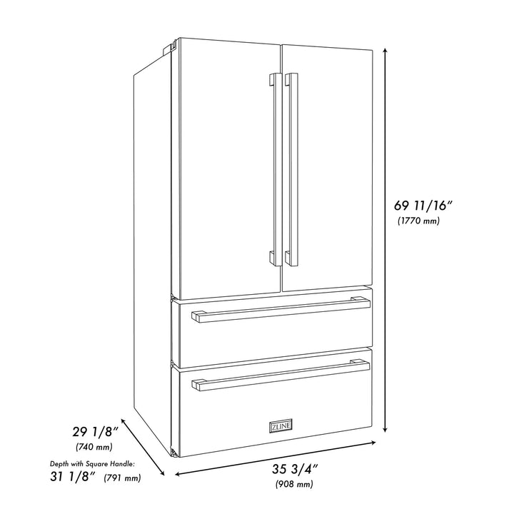 ZLINE 36" Autograph 22.5 cu. ft. Refrigerator with Ice Maker in Black Stainless Steel and Champagne Bronze Square Handles, RFMZ-36-BS-FCB