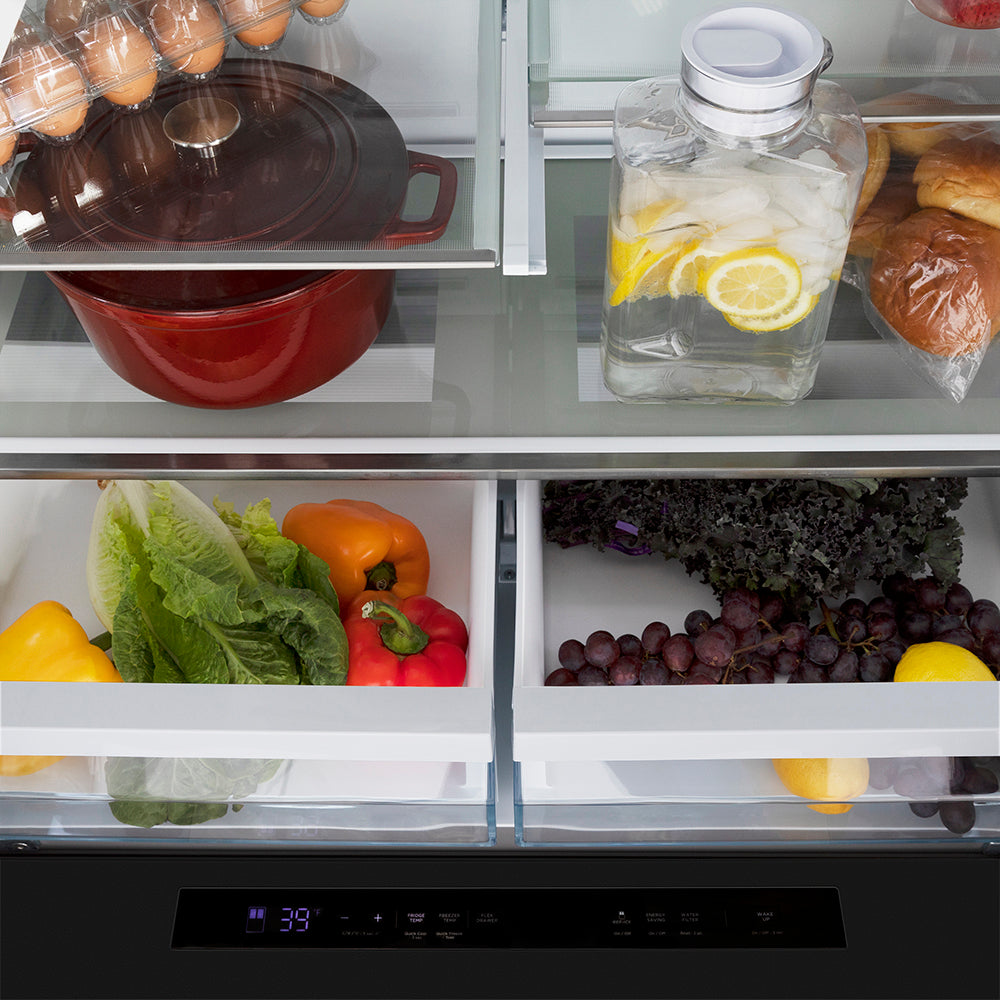 ZLINE 36 in. 21.6 cu. ft. Counter-Depth French Door Refrigerator with Water and Ice Dispenser in Fingerprint-Resistant Black Stainless Steel, Open Box-Excellent Condition