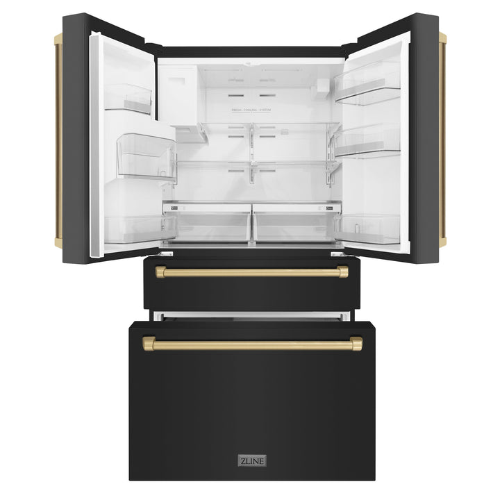 ZLINE 36" Autograph Edition Counter-Depth French Door Refrigerator with Water and Ice Dispenser in Fingerprint-Resistant Black Stainless Steel with Champagne Bronze Traditional Handles 21.6 cu. ft.
