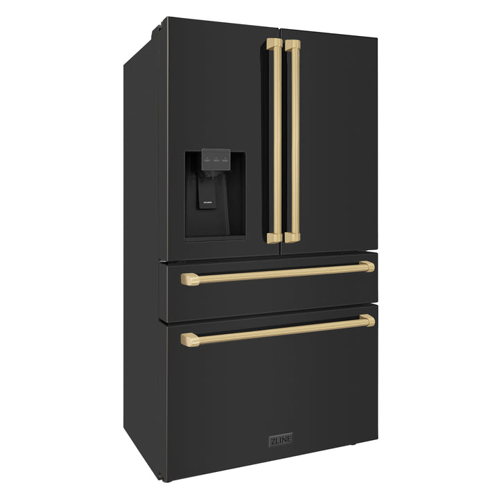ZLINE 36" Autograph Edition Counter-Depth French Door Refrigerator with Water and Ice Dispenser in Fingerprint-Resistant Black Stainless Steel with Champagne Bronze Traditional Handles 21.6 cu. ft.